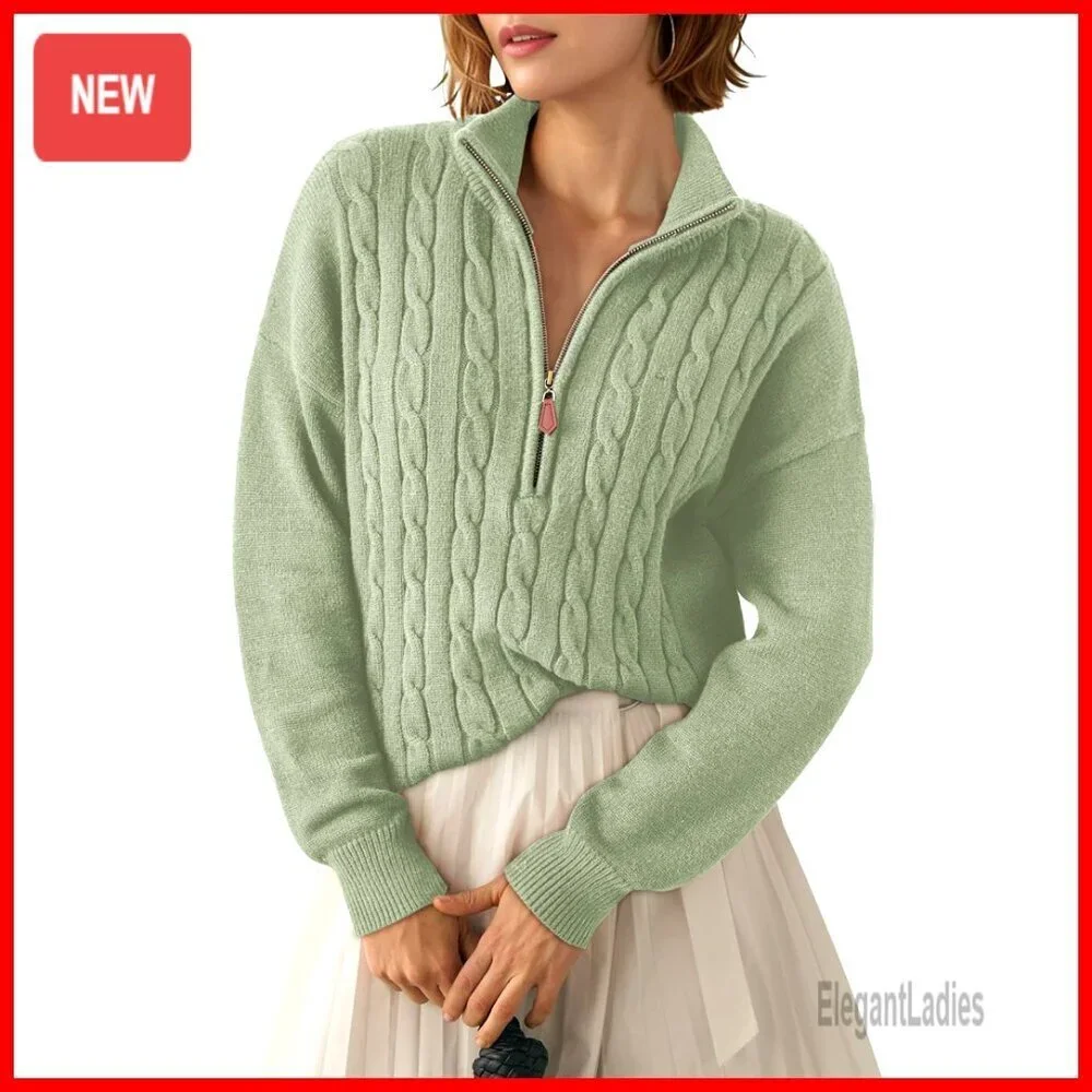 Quarter Zip Ribbed Cable Knit Pullover Sweater Casual Winter Wear